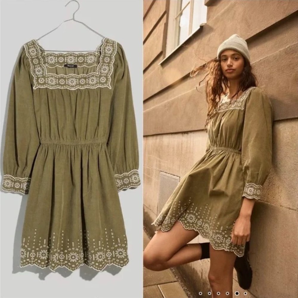 Madewell Embroidered Corduroy Square-Neck Mini Dress Distant Surplus Green XXSP